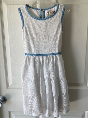 Girls White Lace Dress with Blue Trim - Elegant Kids Dress Size 8